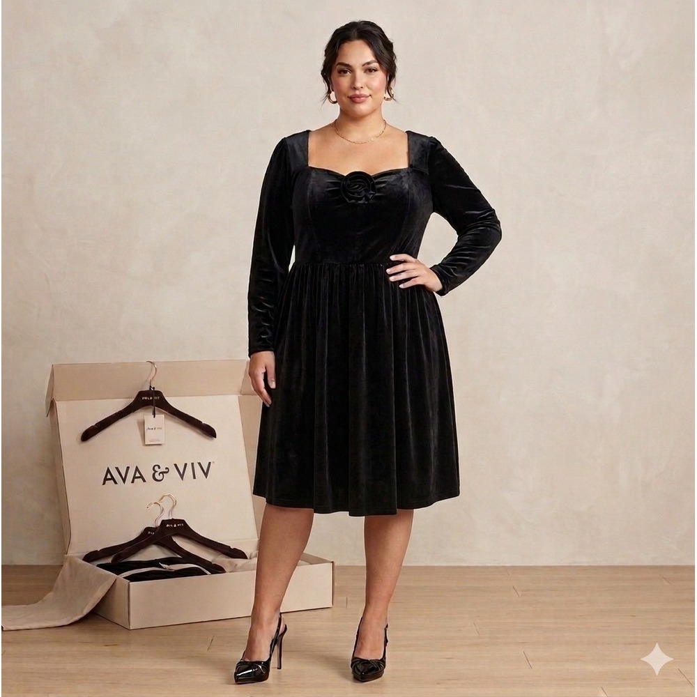 Ava & Viv Velvet Rosette Dress Womens 3X Black Long Sleeve Square Neck NEW